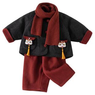 班喜迪女童套装冬装新款宝宝周岁礼服儿童外套裤子冬季新中式衣服