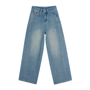 王家有鱼小个子复古浅蓝弯刀阔腿裤女2026早春新款时尚牛仔裤子女