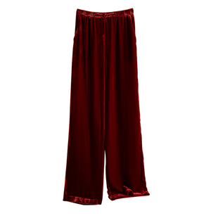 新中式安可拉!桑蚕丝裤子女春秋款2025新款真丝丝绒酒红色直筒裤
