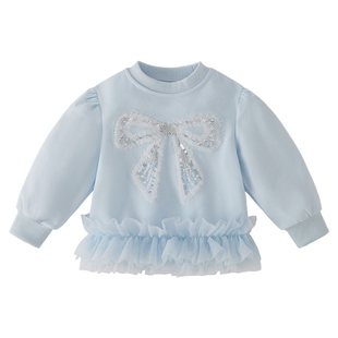 [7A抗菌]宝宝卫衣洋气春季儿童时尚法式衣服蓝色蝴蝶女孩上衣宝宝