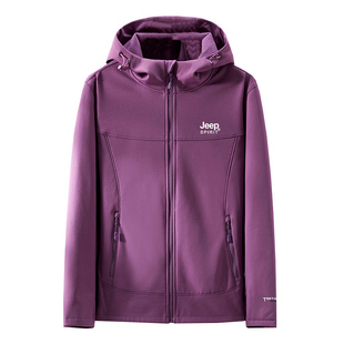 JEEP软壳冲锋衣春秋2026新款防风防水连帽运动夹克冬季加绒外套女