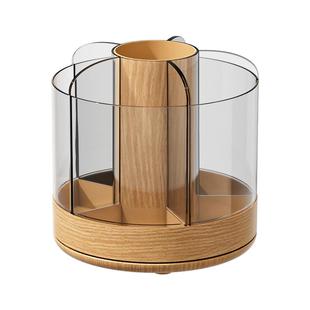 桌面笔筒收纳盒360度旋转仿木纹可拆透明分格书桌文具笔桶置物架