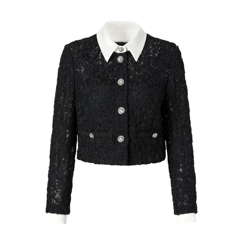 商场同款 摩萨克秋法式花朵黑色蕾丝网纱透视外套上衣女