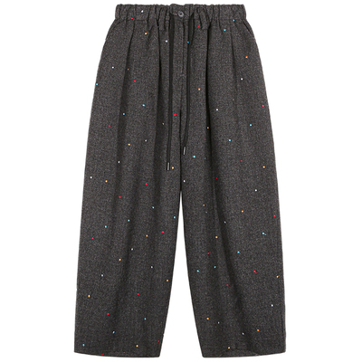 落落狷介灰色刺绣毛呢阔腿裤女