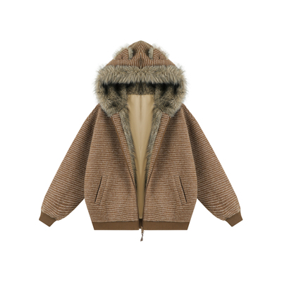 lemanism美式连帽耳朵条纹毛领座山雕夹克男夹棉新款秋冬棉服外套