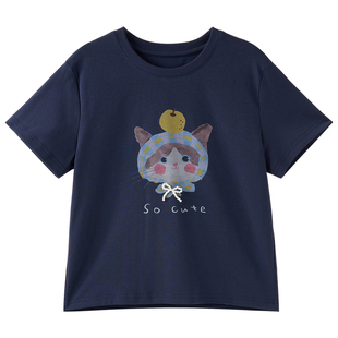女大童短款修身T恤2026夏装新款青少年韩版猫咪短袖棉T初中生上衣