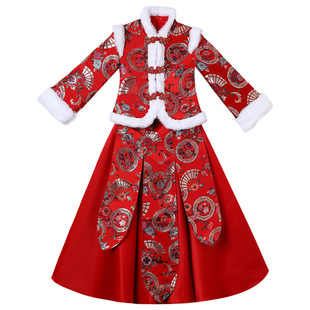 拜年服女童汉服秋冬中国风加绒加厚红色唐装冬季儿童新年过年服装