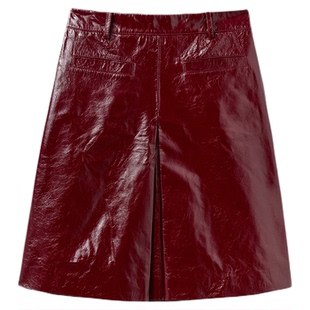 [古力娜扎同款]self-portrait 2025早秋酒红色高腰小羊皮半身裙