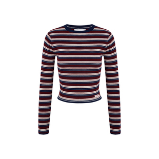 Kroche  Geek chic 复古条纹 羊毛混纺 圆领套头针织打底T恤