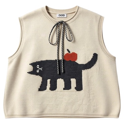 日系圆领卡通针织马甲衬衫阔腿裤