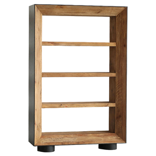 侘寂风拼色实木书柜置物架落地黑色橡木贴皮原木复古老松木书架