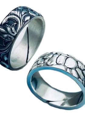 轻奢戒指足银时尚男手工锤纹唐草