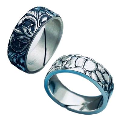 轻奢戒指足银时尚男手工锤纹唐草