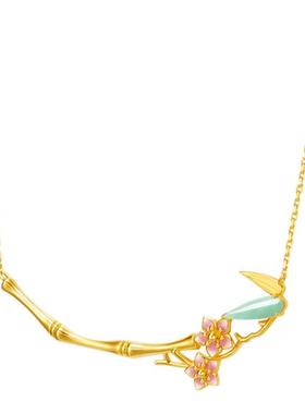 吾往小桃枝竹子玉石竹节新中式国风项链桃花粉色珐琅夏季复古颈链