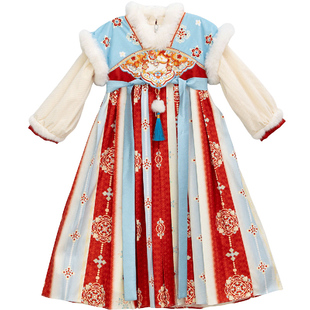 汉服女童冬款2025新款儿童红色喜庆过年拜年服女孩国风加绒连衣裙