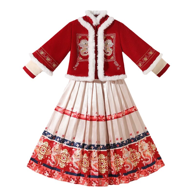 女童汉服加绒加厚新年马面裙套装