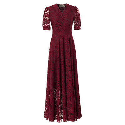 拉佰缇酒红色蕾丝连衣裙女显瘦