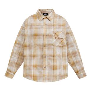 404MOB美式刺绣仿扎染复古格纹长袖衬衫男痞帅显瘦百搭情侣衬衣潮