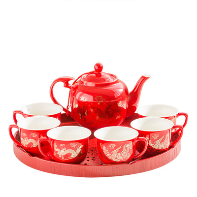 结婚茶具套装新人敬茶杯龙凤喜杯红色喜茶壶改口敬茶婚礼家用茶具