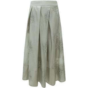 COCOBELLA新中式刺绣莱赛尔半身裙女薄荷曼波捏褶大摆长裙HS7018