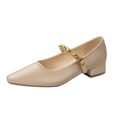 超软复古一字扣方头高跟鞋女真皮配裙子软底粗跟通勤玛丽珍鞋单鞋