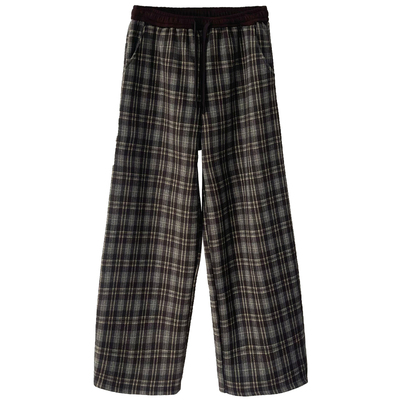 加厚加绒格子毛呢裤宽松直筒显瘦