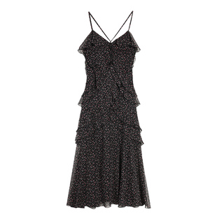 pusumede【现货7折】复古碎花吊带连衣裙女荷叶边设计感长裙