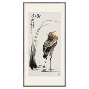 手绘鹭鸟国画办公室挂画竖幅新中式茶室玄关走廊一鹭风顺装饰字画