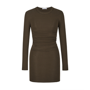 MosesQueen魔西女王咖色长袖连衣裙女春秋收腰修身显瘦包臀短裙子