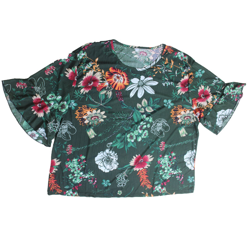春夏新品200斤胖妈妈T恤女士薄款喇叭袖七分袖奶奶装上衣时尚花色