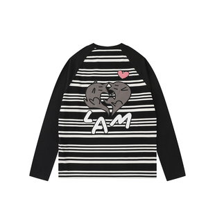 LAMLICKA爱心小猫长袖男t恤打底衫春情人节条纹上衣宽松休闲情侣