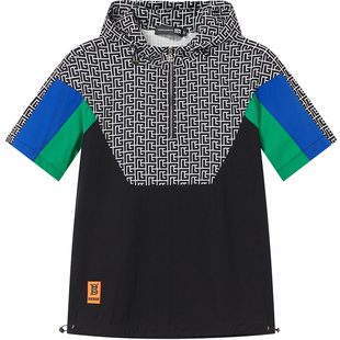 BM半拉链连帽短袖美式高街t恤男潮牌撞色拼接男士体恤2023新款夏