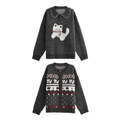 森女部落秋冬灰色针织衫女2025新款甜美风猫咪设计感百搭宽松毛衣