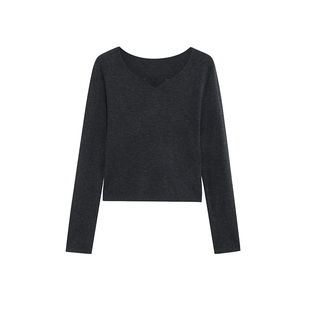 北欧时刻含羊毛v领短款针织上衣女2026春春新款深灰色打底衫内搭