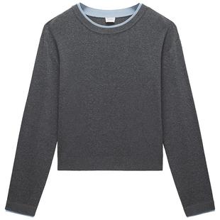 【特享折扣】欧时力 天丝亚麻假两件套头针织衫上衣2025秋冬新品