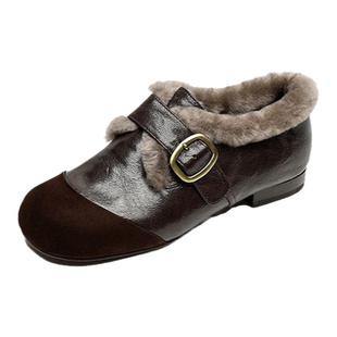 真皮羊羔毛加绒深口单鞋女2024年秋冬新款马丽珍毛毛鞋平底乐福鞋