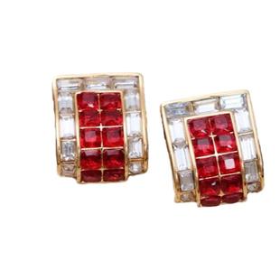 Vintage意大利现代首饰新年圣诞红色水晶镀金高级感复古耳夹耳钉