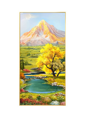 风景走廊过道玄关黄金墙壁竖版聚宝盆装饰画山水金山发财树画挂画