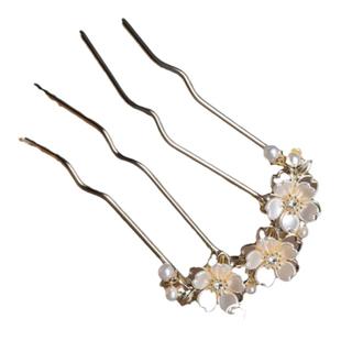 新中式珍珠花朵u型发簪古风白色高级感水钻发钗优雅四齿盘发头梳