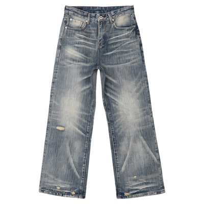 JEM美式猫须竹节纹破洞牛仔裤男