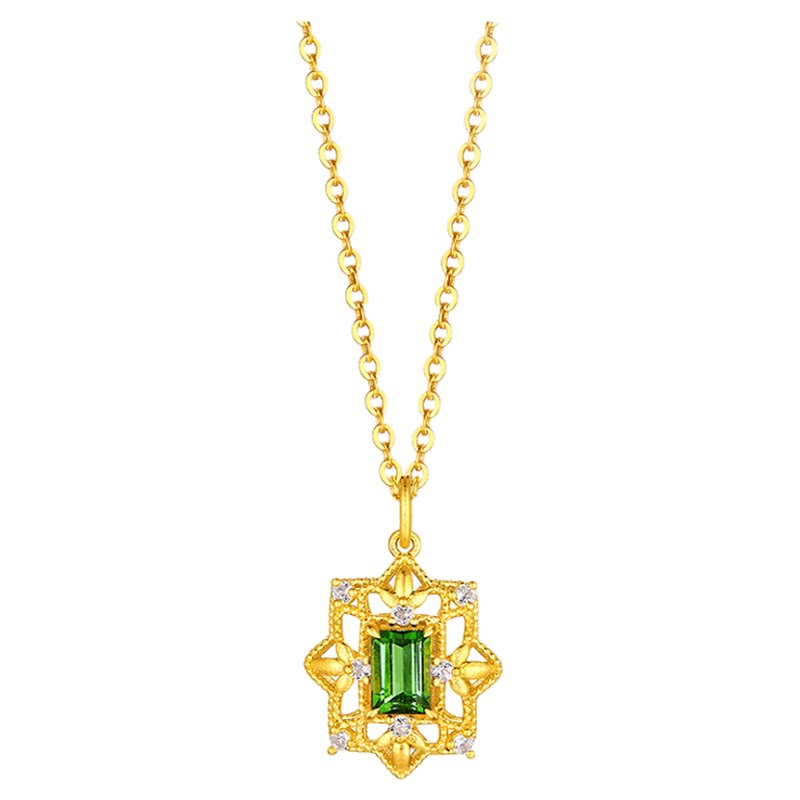 金至尊探春黄金项链女镶嵌碧玺足金项链复古金链子锁骨链生日礼物