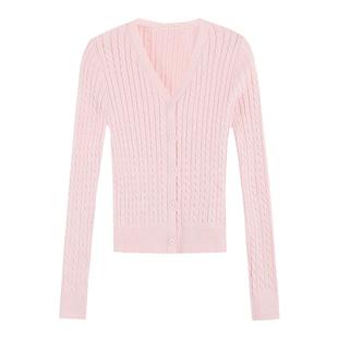 MULVAN 白色V领麻花针织开衫女新款修身打底毛衣气质外穿上衣