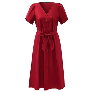 歌莉娅红色连衣裙女夏季时尚花瓣袖绝美超好看短袖裙子1C4R4K2NA