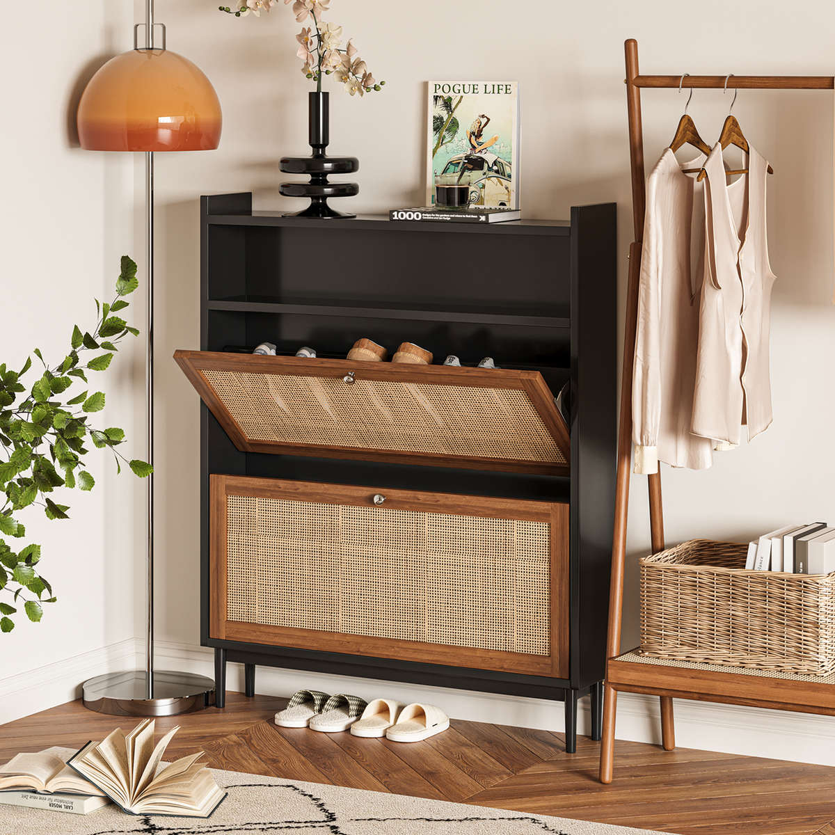 谷及 日式简约实木藤编鞋柜家用门口入户储物柜窄款收纳柜鞋架