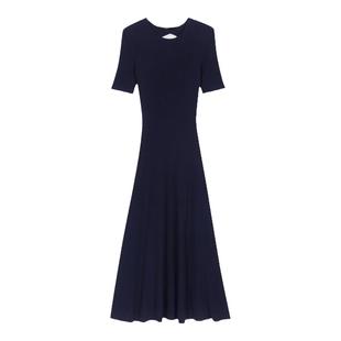 Maje Outlets秋冬女装法式修身深蓝色后背菱形镂空长款针织连衣裙