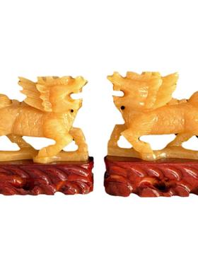 天然米黄玉麒麟摆件玉石大号一对动物招财送子祝福家居装饰品卧室