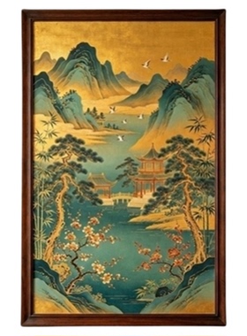 中古风山水金箔实木外框挂画