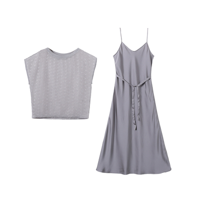 西町村屋气质网纱镂空两件套女夏季新款小衫吊带裙套装XHAB10200