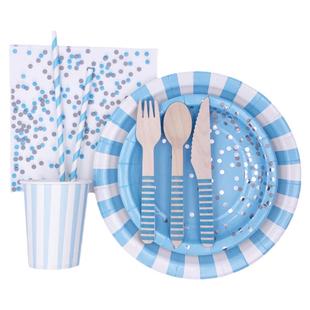 经典蓝色粉色烫金条纹纸盘BABY SHOWER迎婴派对套装生日餐具纸杯