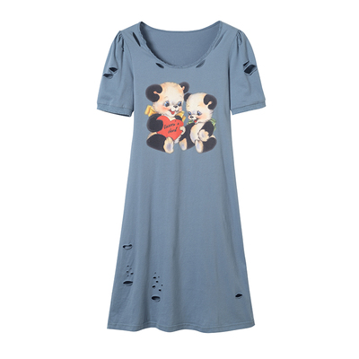 印花磨破泡泡袖长款T恤连衣裙